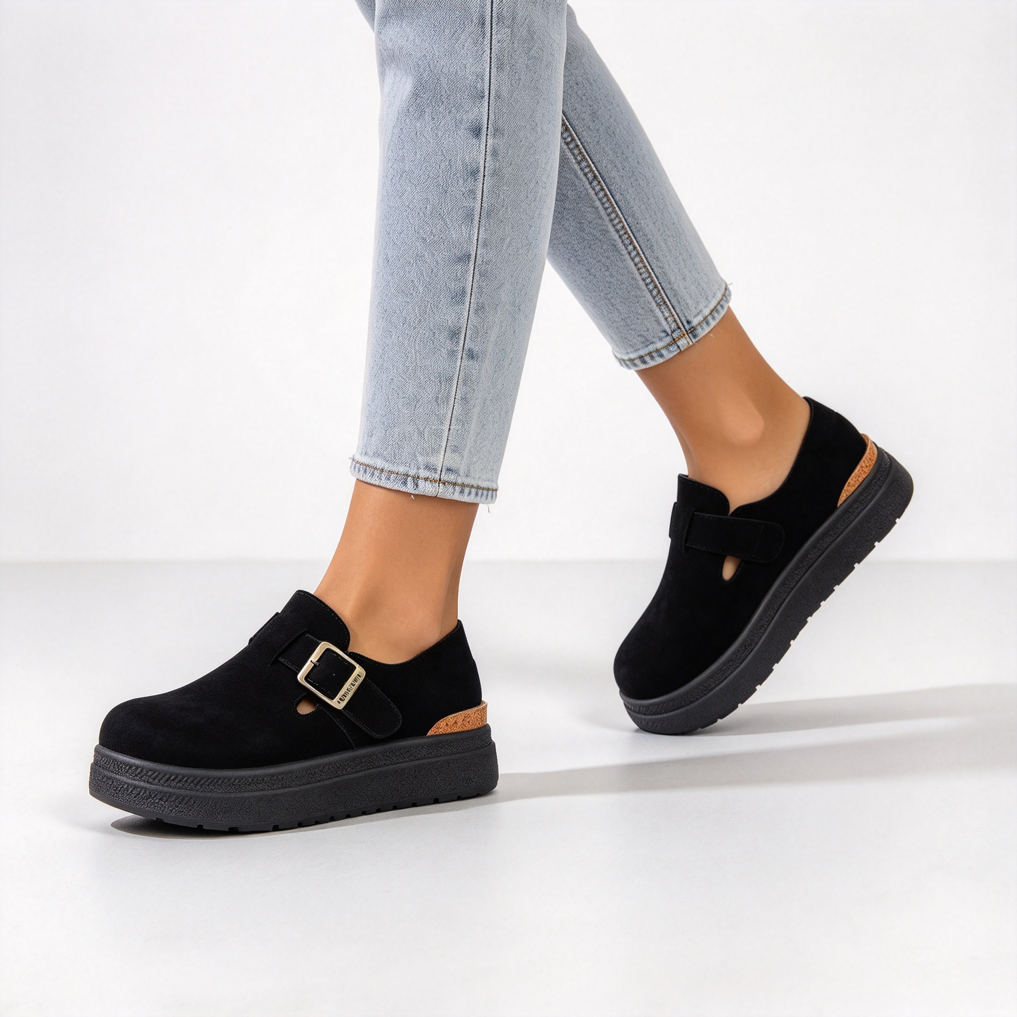 Women’s Thick Sole Suede Clogs, Vintage Adjustable Buckle Casual Daily Shoes