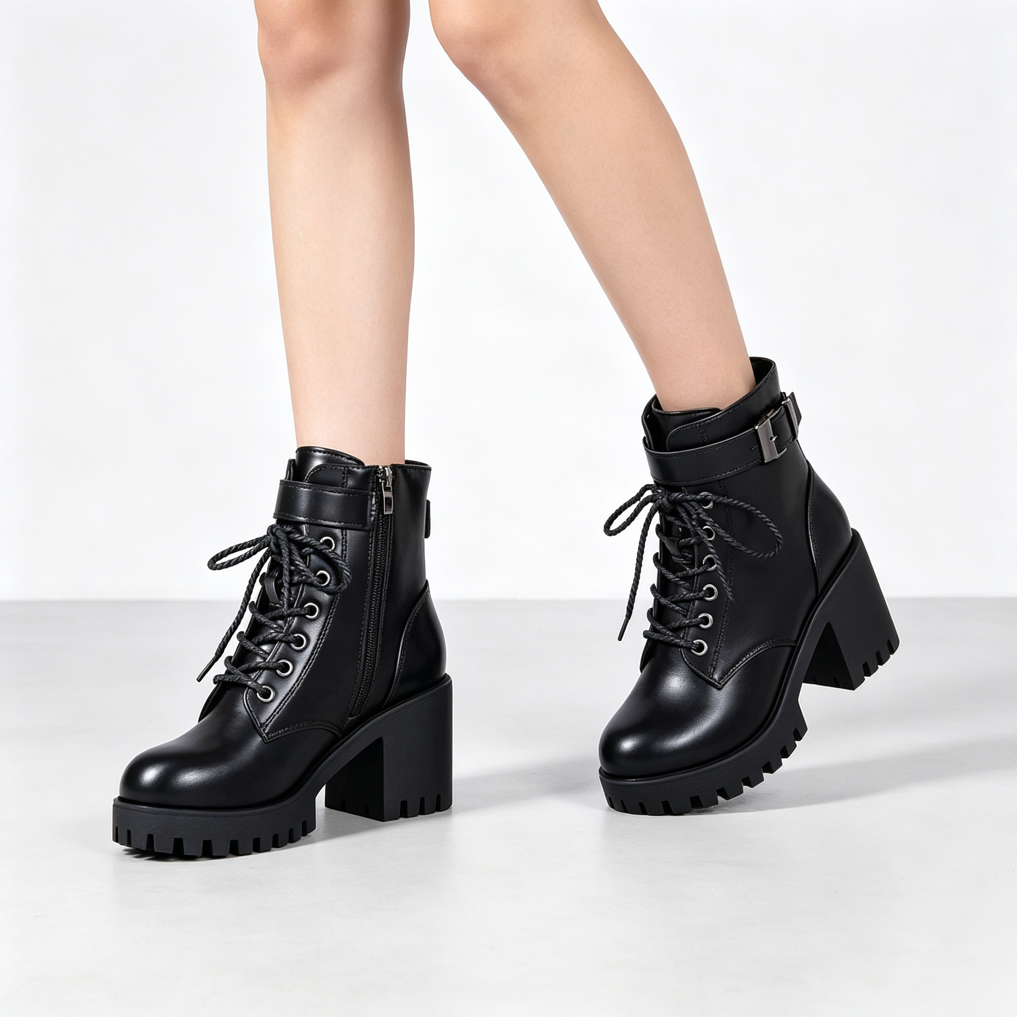 Black Leather Look Platform Martin Boots for Women, Side Zipper Block Heel Ankle Boots