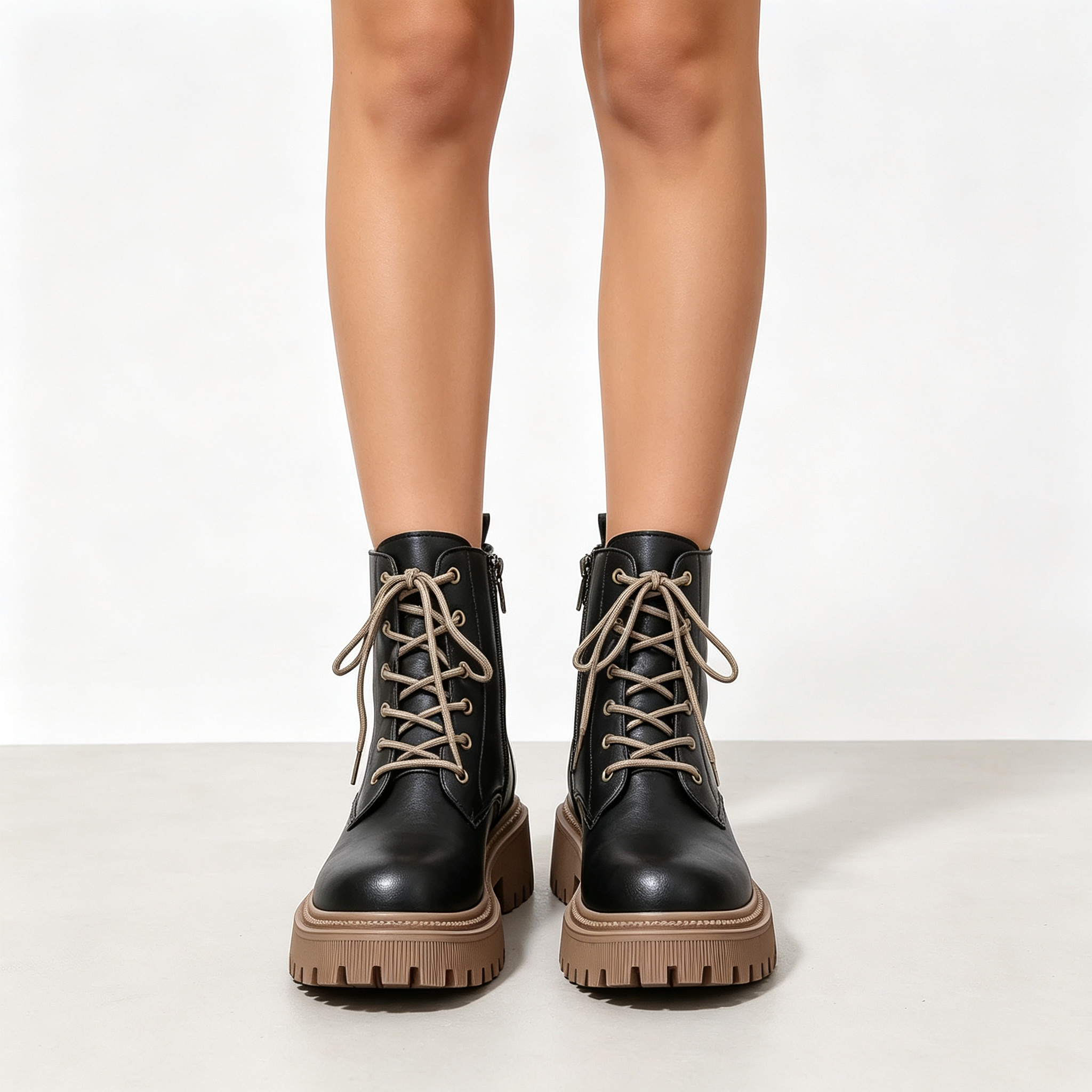 Women's Fleece Lined Platform Ankle Boots, Warm Lace-Up Winter Martin Boots with Side Zipper