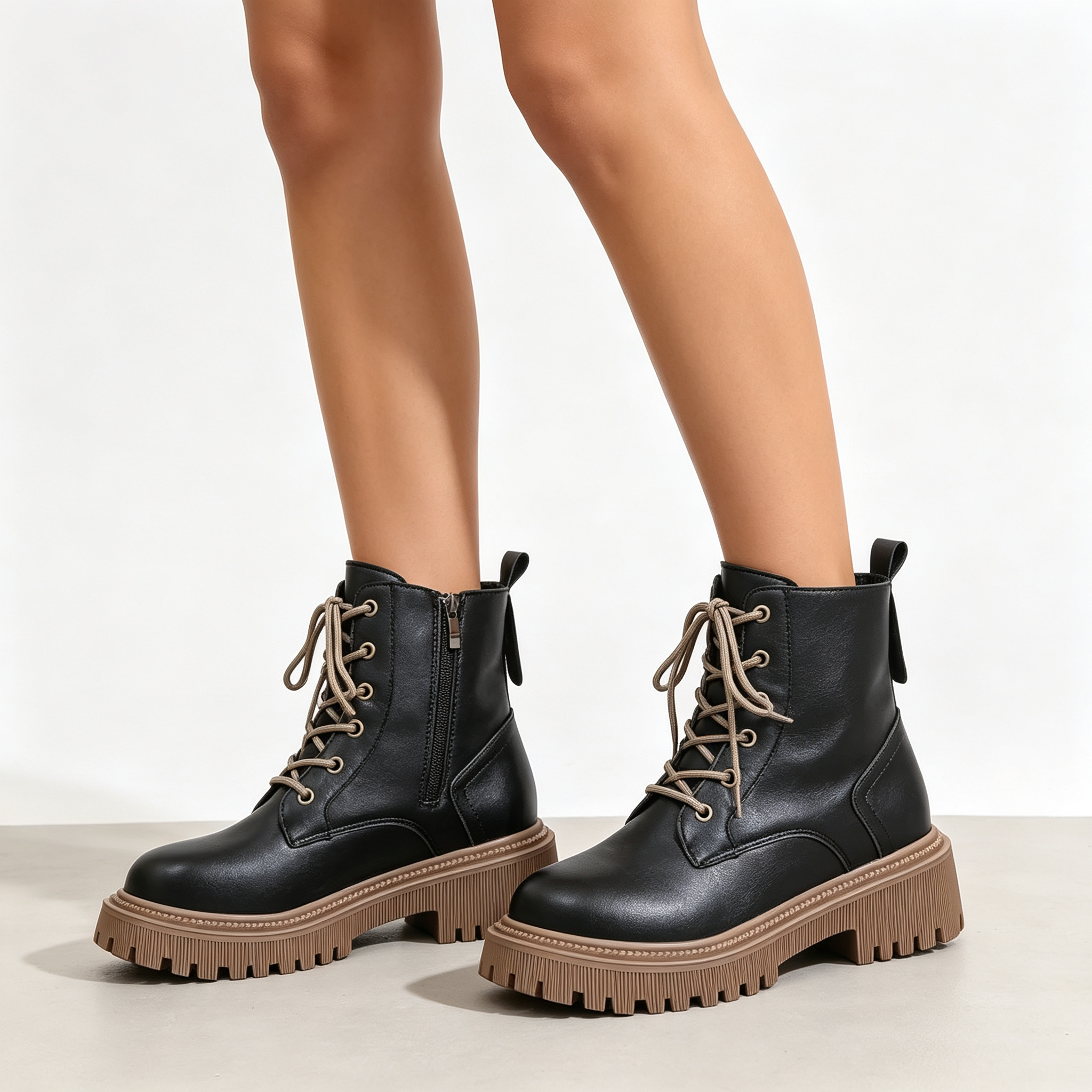 Women's Fleece Lined Platform Ankle Boots, Warm Lace-Up Winter Martin Boots with Side Zipper