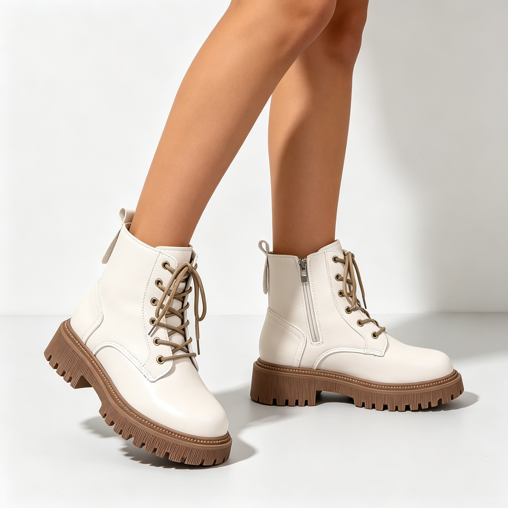Women's Fleece Lined Platform Ankle Boots, Warm Lace-Up Winter Martin Boots with Side Zipper