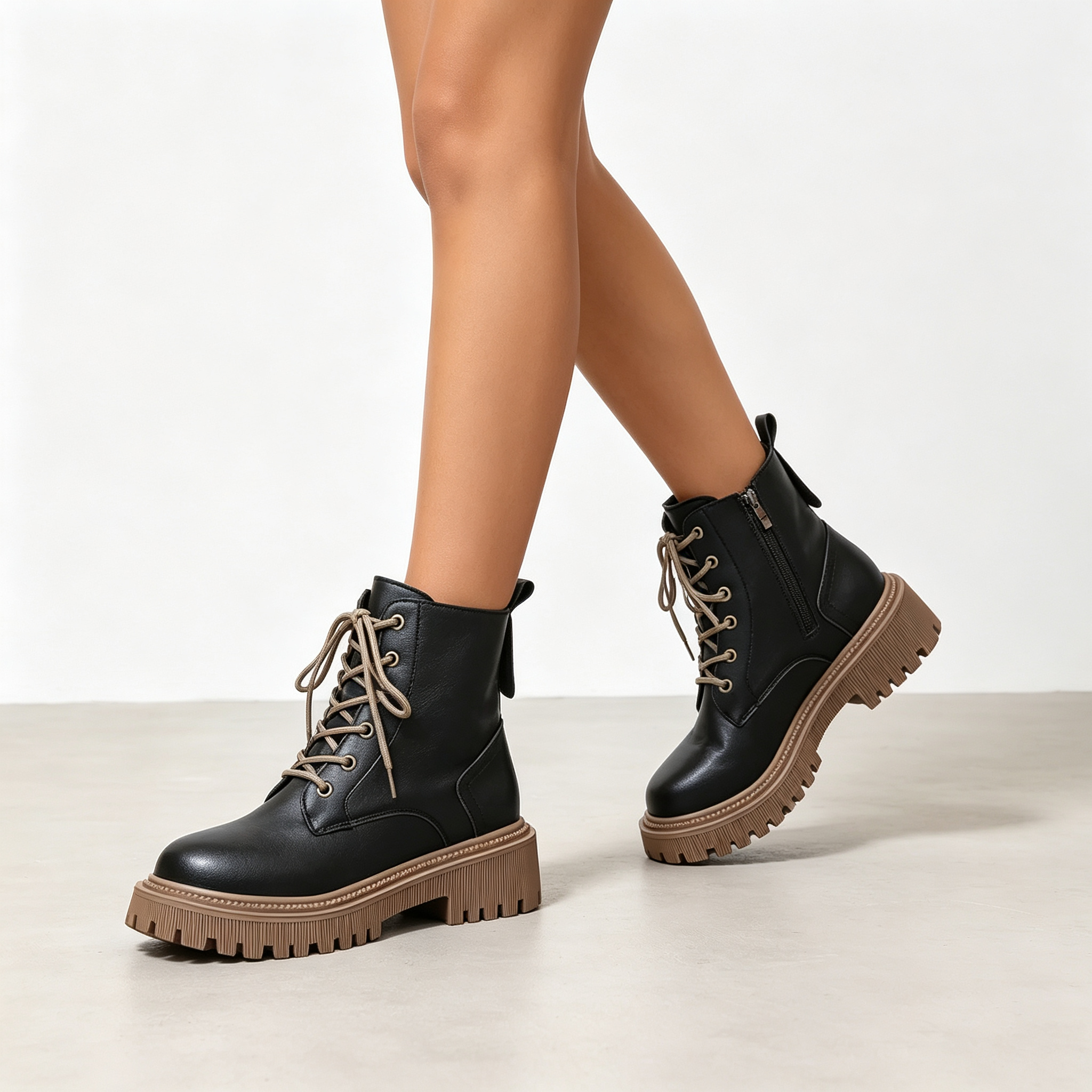 Women's Fleece Lined Platform Ankle Boots, Warm Lace-Up Winter Martin Boots with Side Zipper