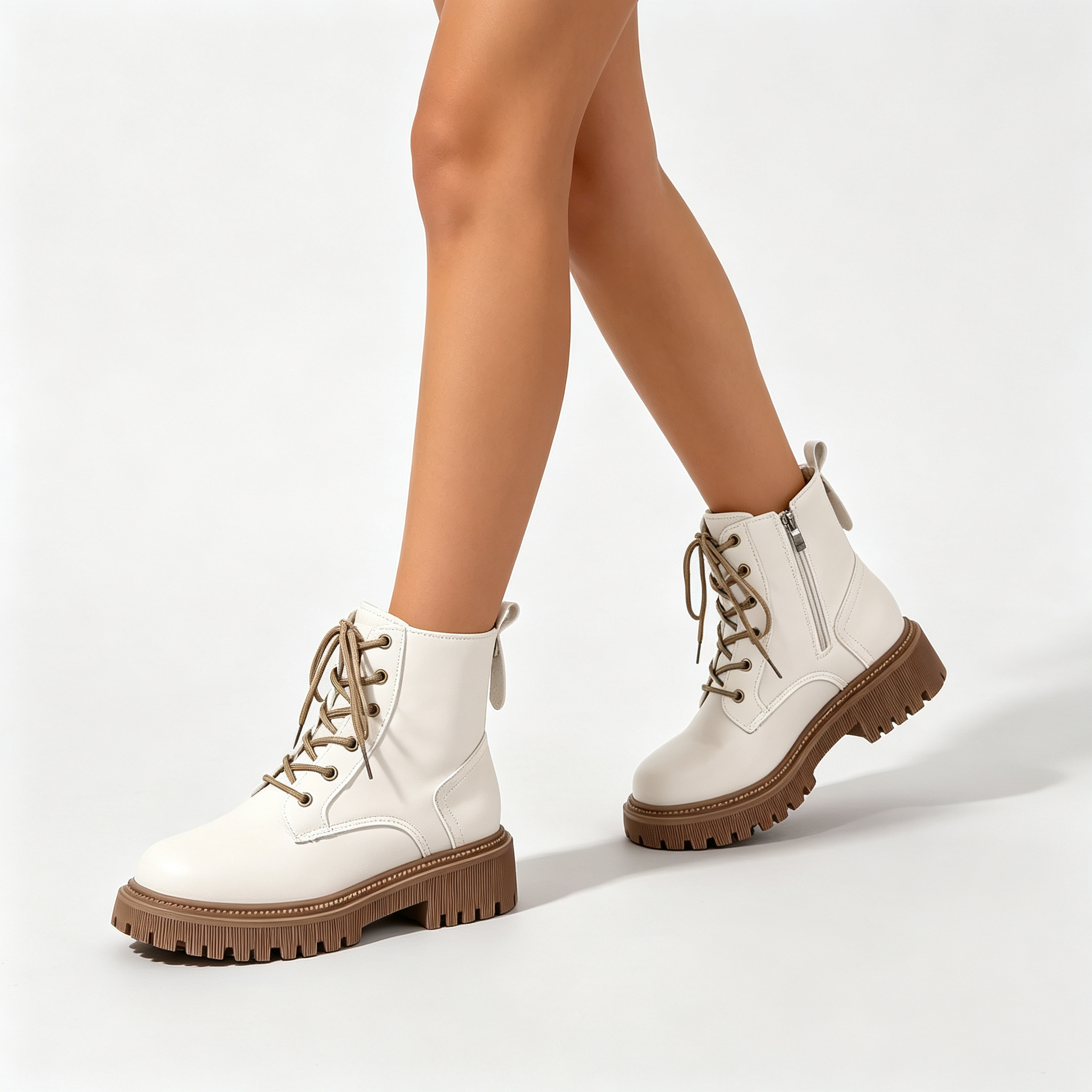 Women's Fleece Lined Platform Ankle Boots, Warm Lace-Up Winter Martin Boots with Side Zipper