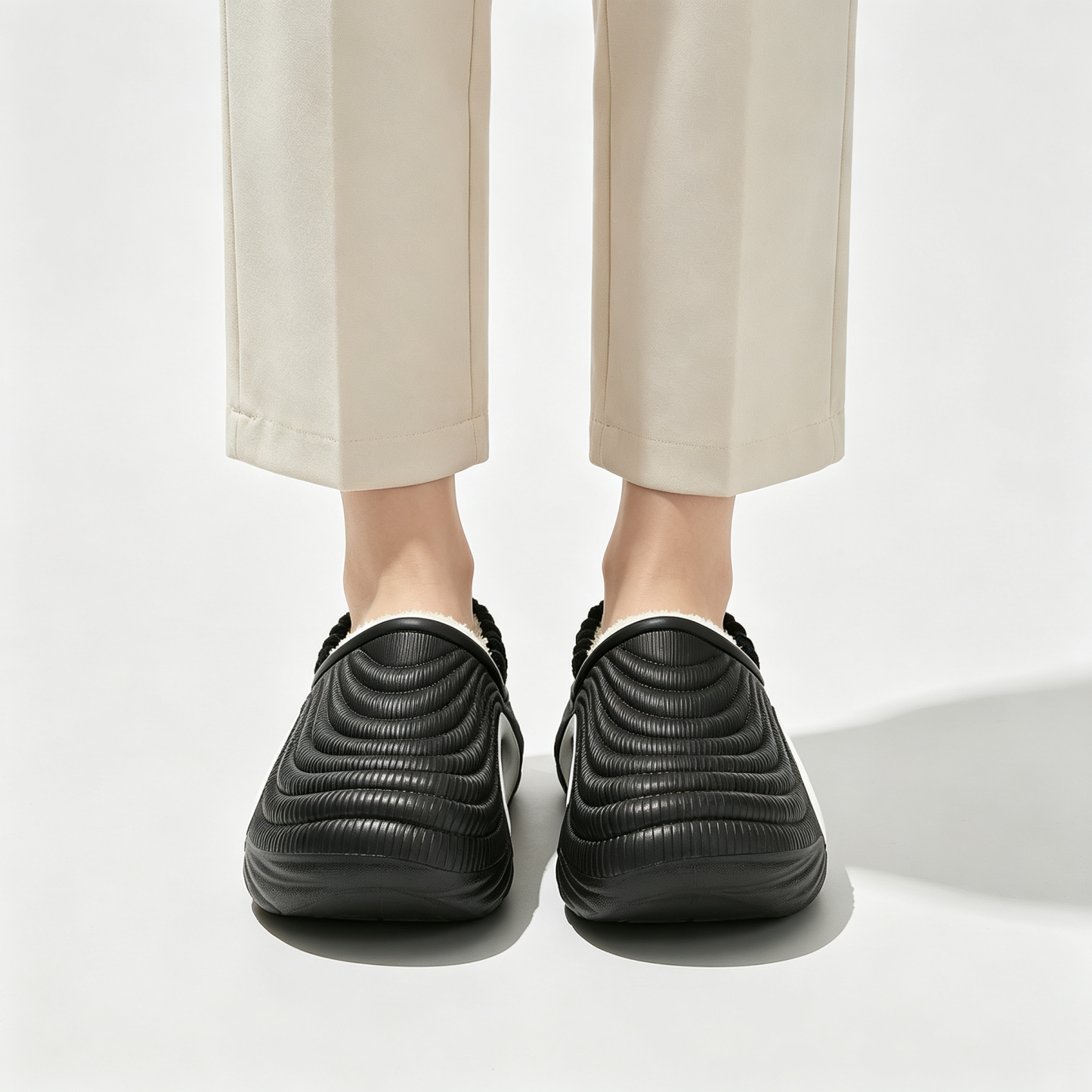 Womens Wave Textured Chunky Lined Clogs, Warm Fleece Lining Winter Slip-On Mules