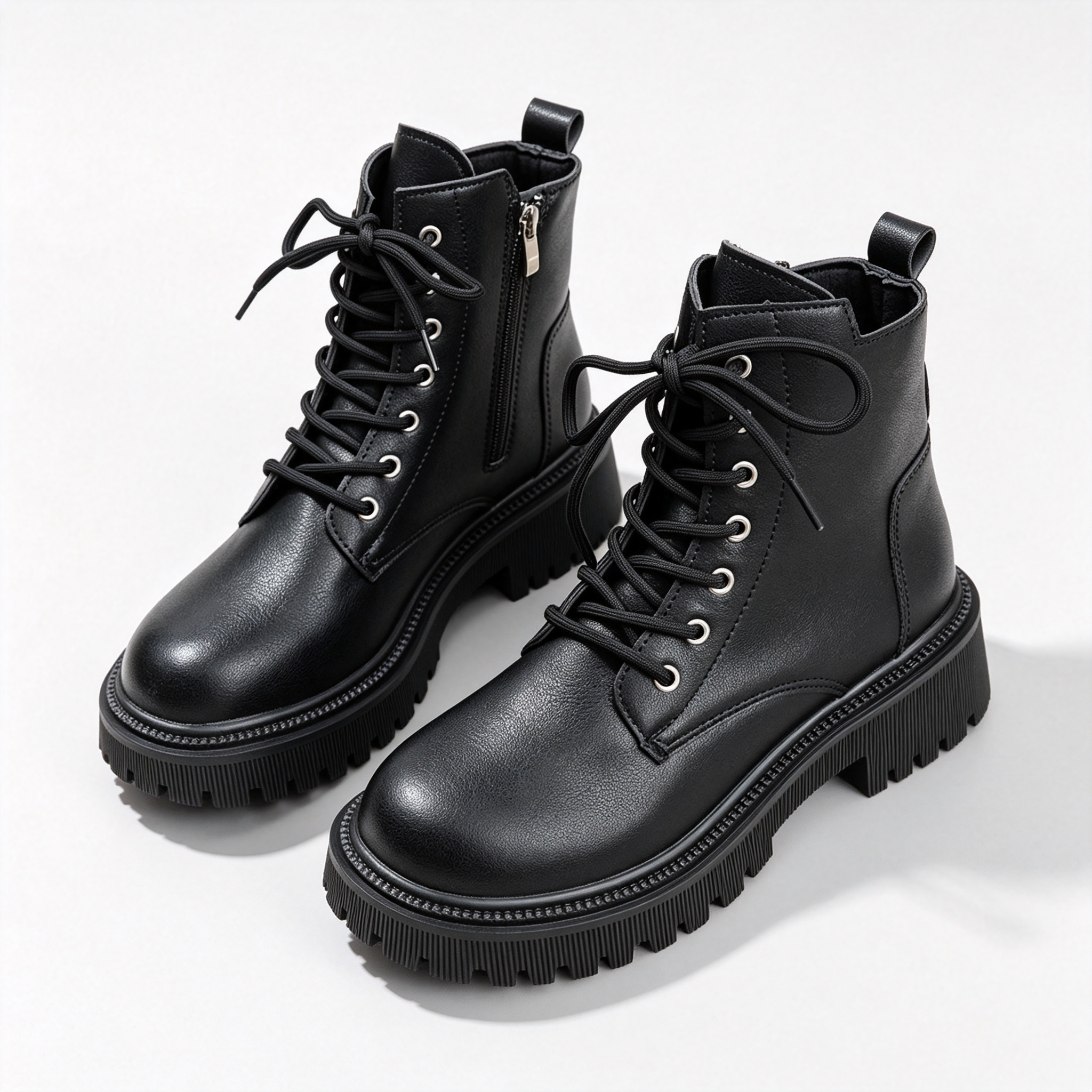 Lace‑Up Side Zipper Chunky Sole Leather Ankle Boots for All‑Season Styling