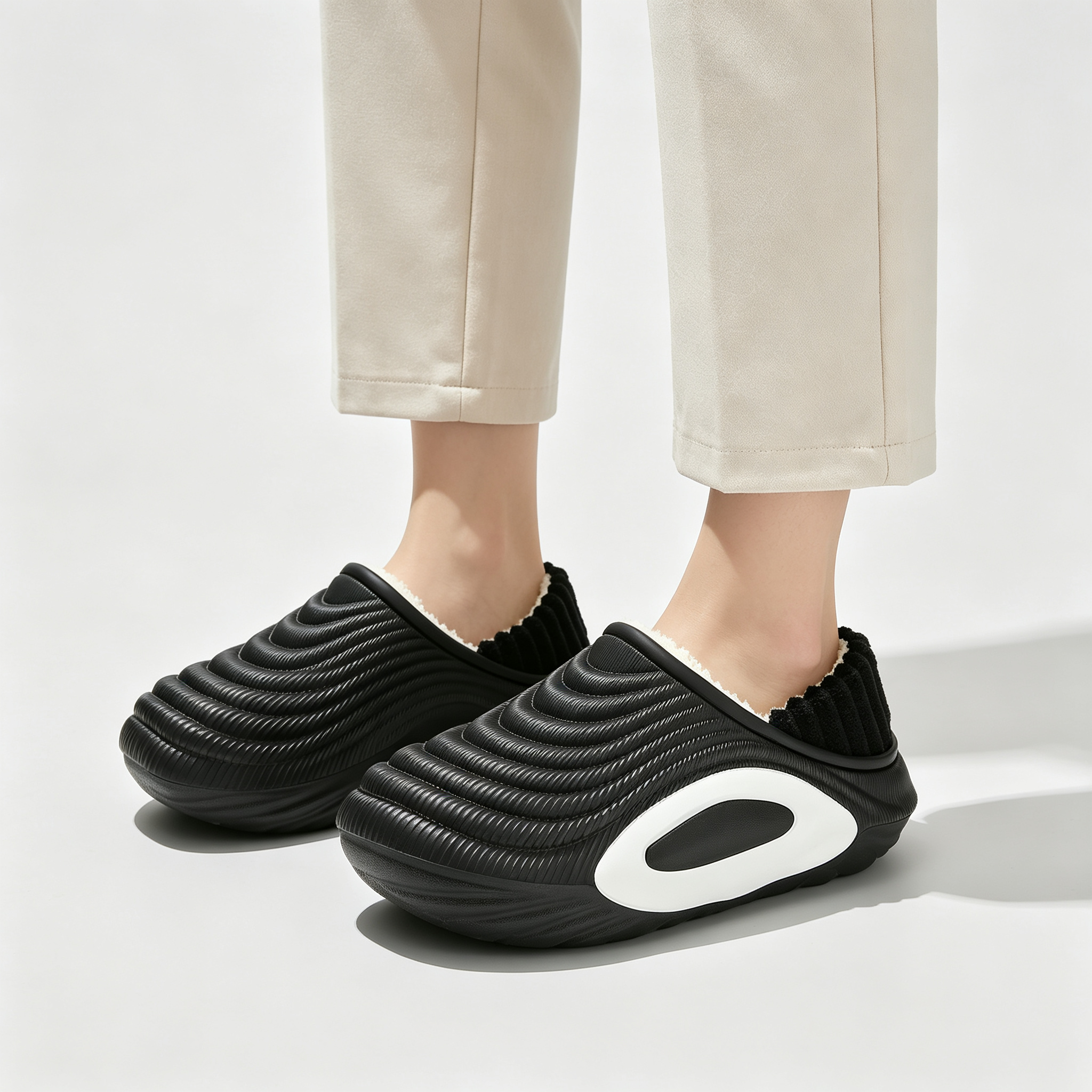 Womens Wave Textured Chunky Lined Clogs, Warm Fleece Lining Winter Slip-On Mules