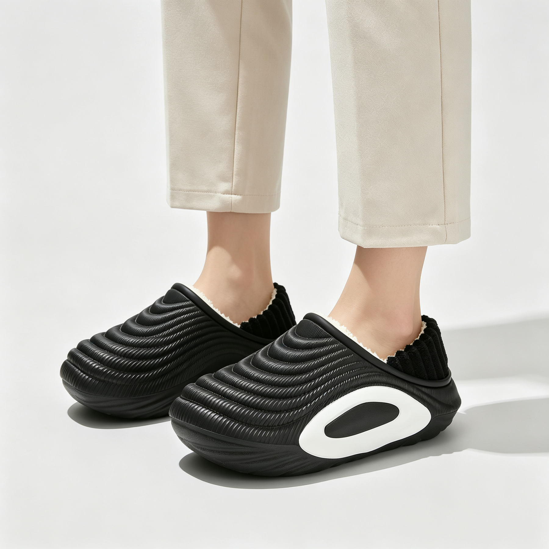 Womens Wave Textured Chunky Lined Clogs, Warm Fleece Lining Winter Slip-On Mules