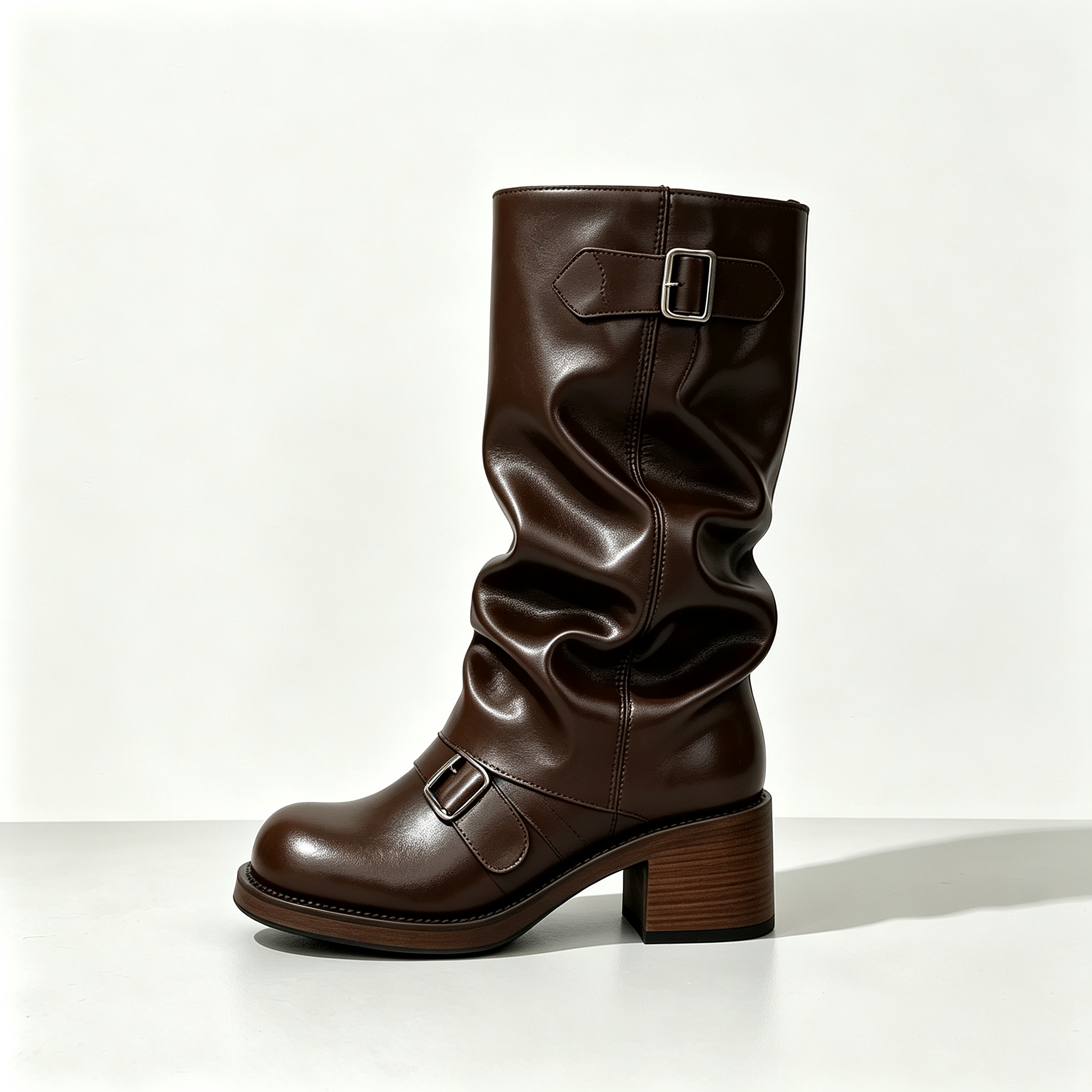 Women’s Vintage Buckle Ruched Motorcycle Boots, Chunky Platform Mid Height Boots