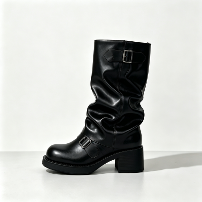 Women’s Vintage Buckle Ruched Motorcycle Boots, Chunky Platform Mid Height Boots