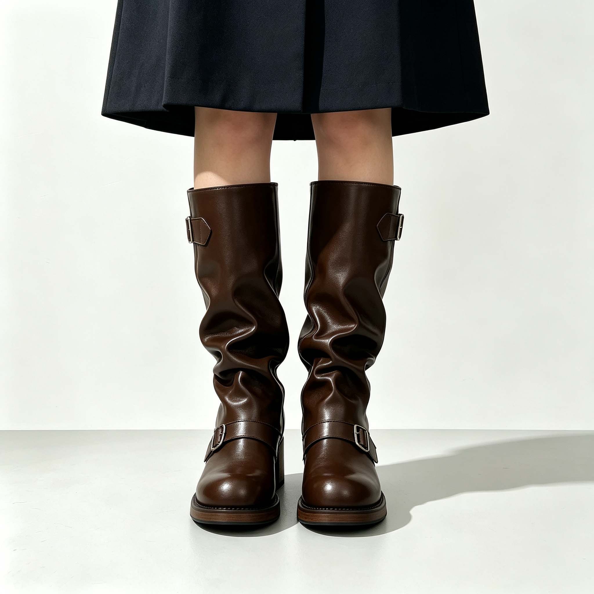 Women’s Vintage Buckle Ruched Motorcycle Boots, Chunky Platform Mid Height Boots