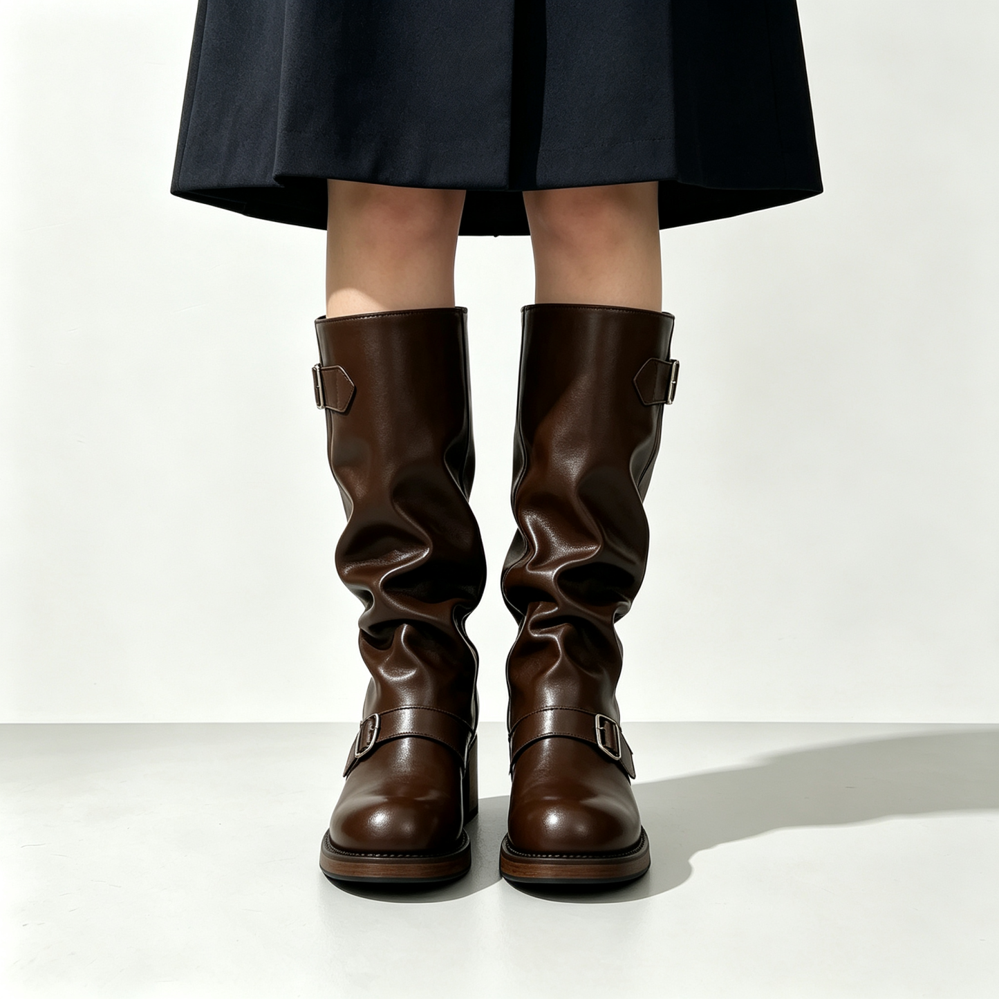 Women’s Vintage Buckle Ruched Motorcycle Boots, Chunky Platform Mid Height Boots