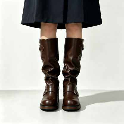 Women’s Vintage Buckle Ruched Motorcycle Boots, Chunky Platform Mid Height Boots