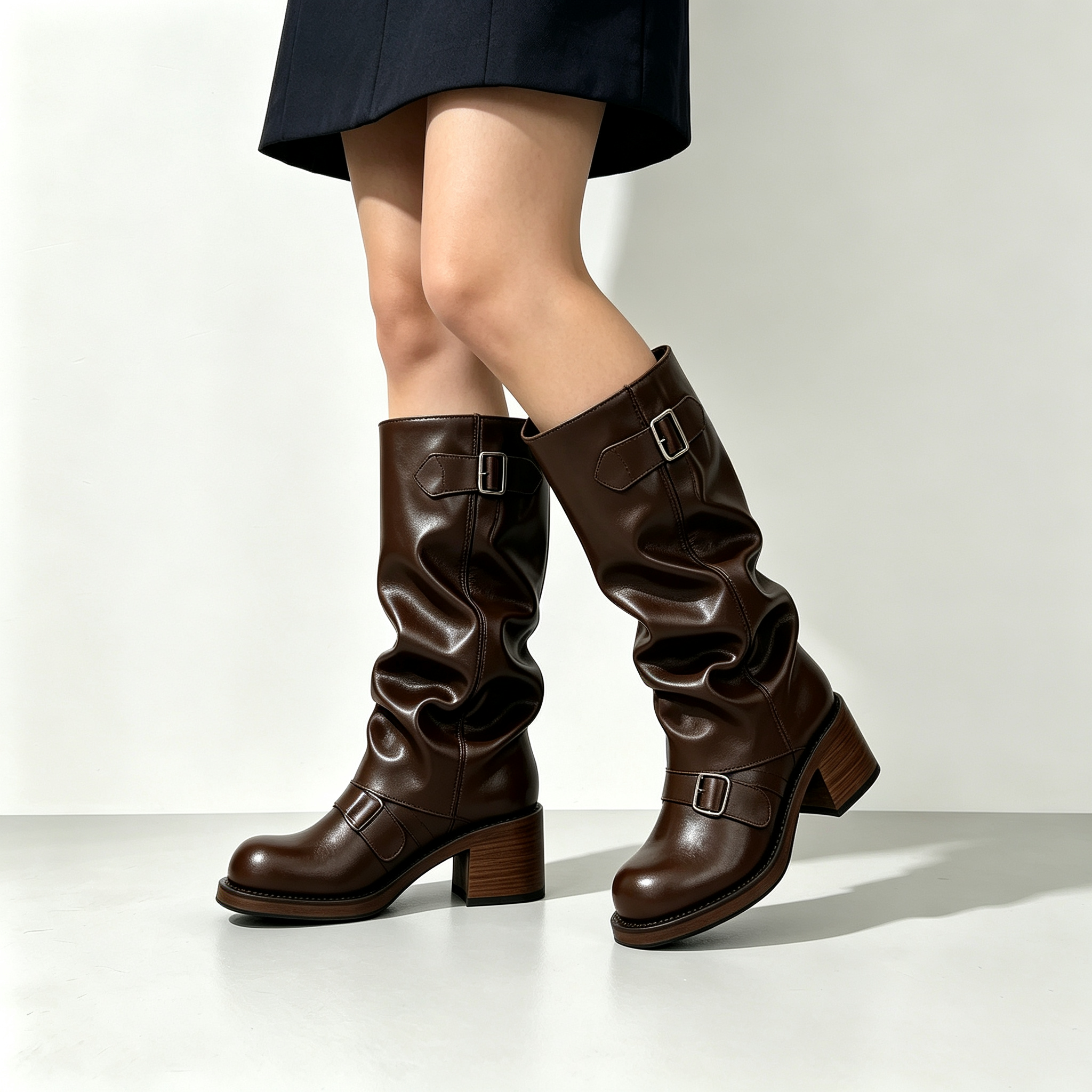Women’s Vintage Buckle Ruched Motorcycle Boots, Chunky Platform Mid Height Boots