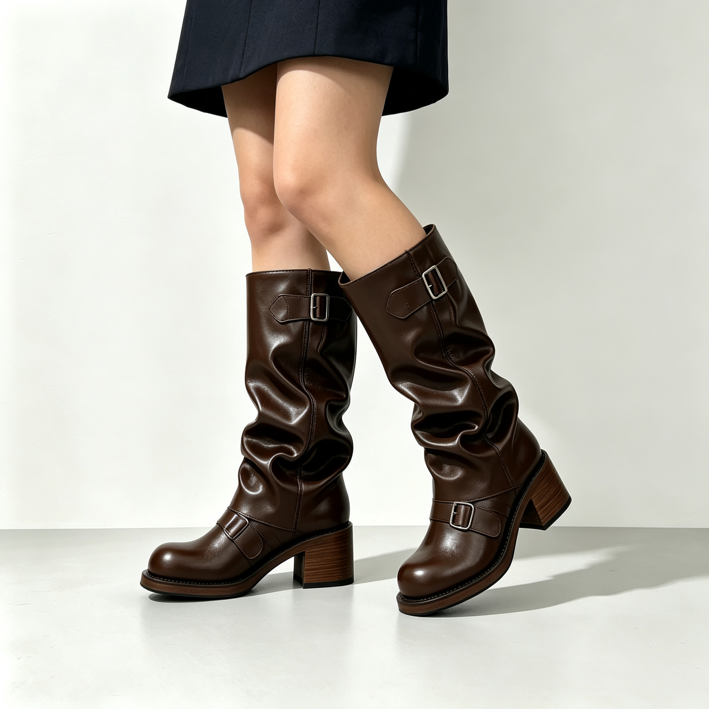 Women’s Vintage Buckle Ruched Motorcycle Boots, Chunky Platform Mid Height Boots