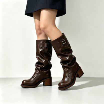 Women’s Vintage Buckle Ruched Motorcycle Boots, Chunky Platform Mid Height Boots
