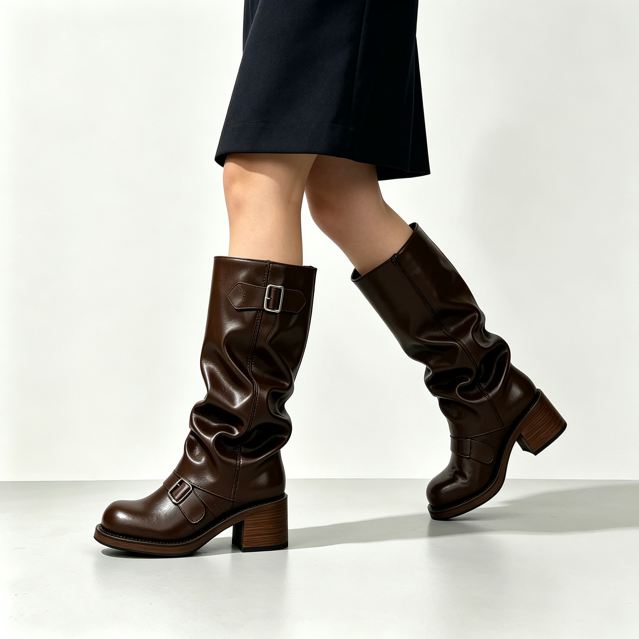Women’s Vintage Buckle Ruched Motorcycle Boots, Chunky Platform Mid Height Boots
