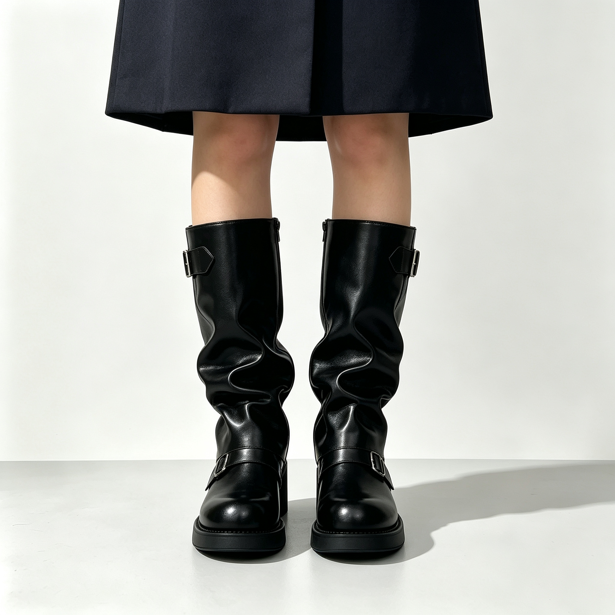 Women’s Vintage Buckle Ruched Motorcycle Boots, Chunky Platform Mid Height Boots