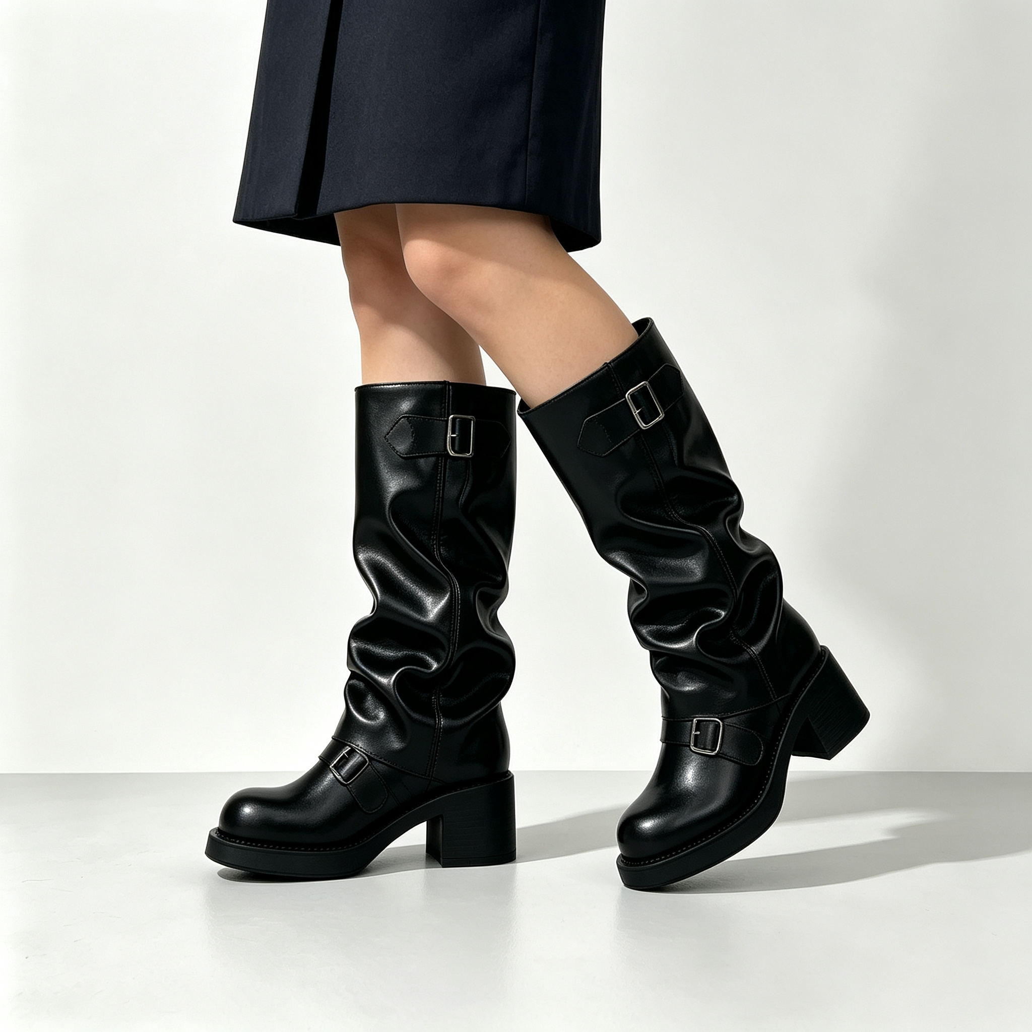 Women’s Vintage Buckle Ruched Motorcycle Boots, Chunky Platform Mid Height Boots
