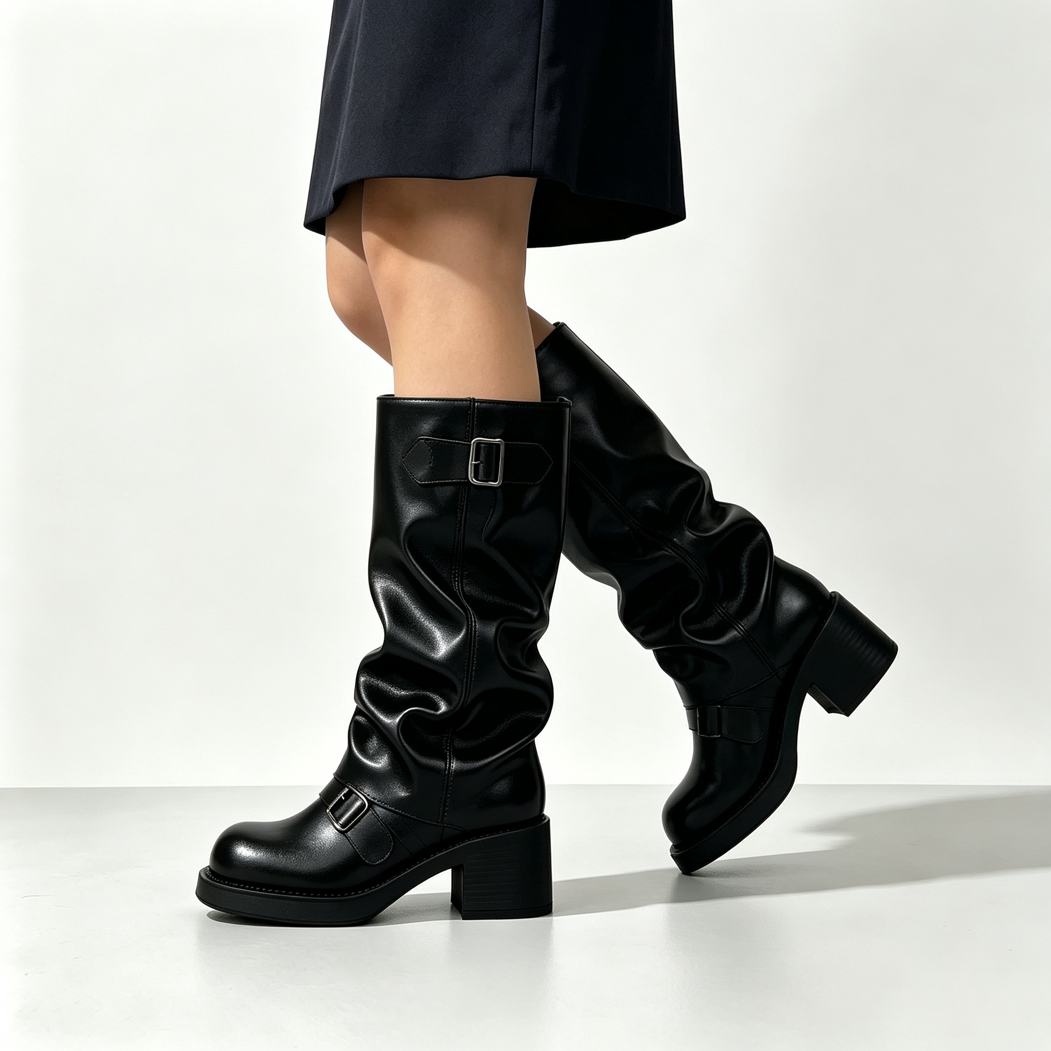 Women’s Vintage Buckle Ruched Motorcycle Boots, Chunky Platform Mid Height Boots