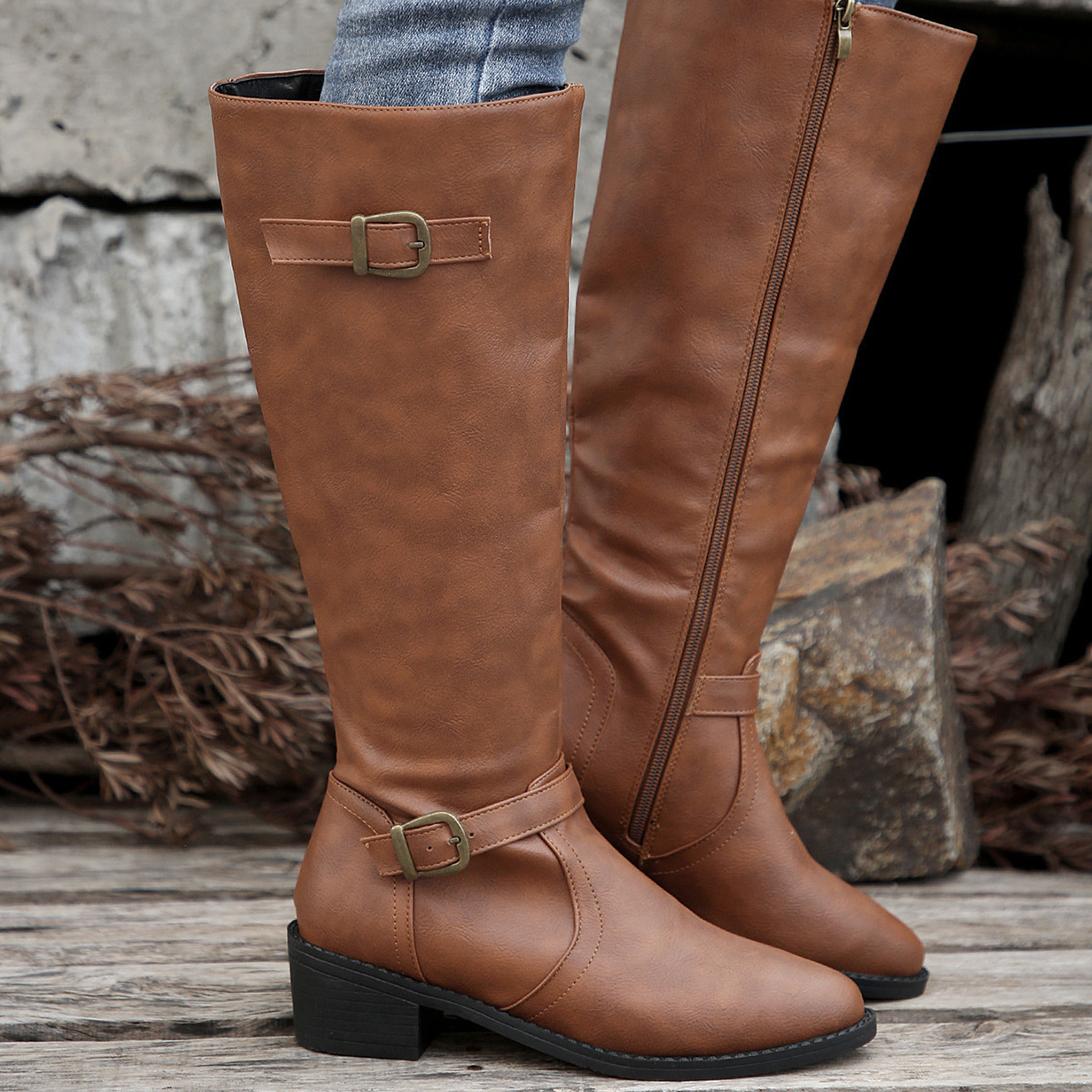 Women's Round Toe Buckle Side Zipper Mid-Calf Boots