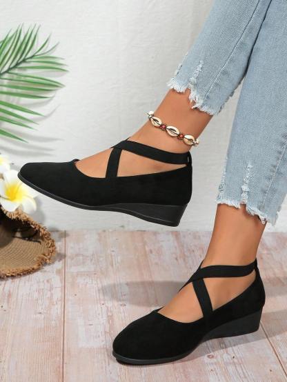 Women's Dress Flats Ballet Low Wedge Round Toe Ankle Strap Criss Cross Office Work Casual Shoes