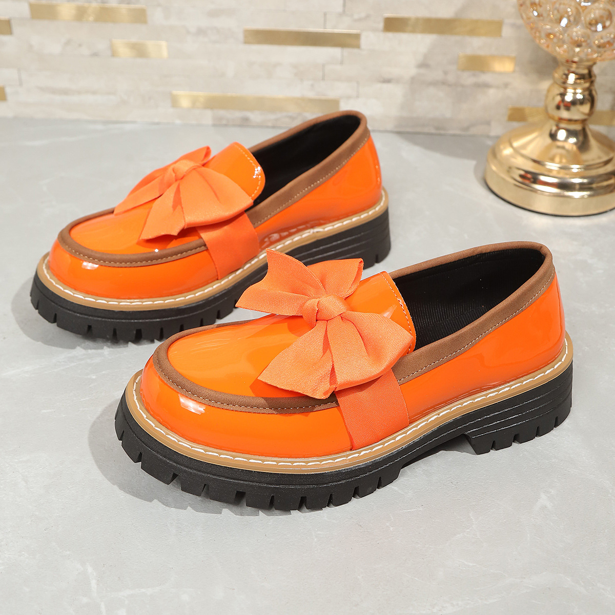 Ribbon Bow Shiny Loafers Thick Platform Slip On Casual Preppy School Shoes for Women
