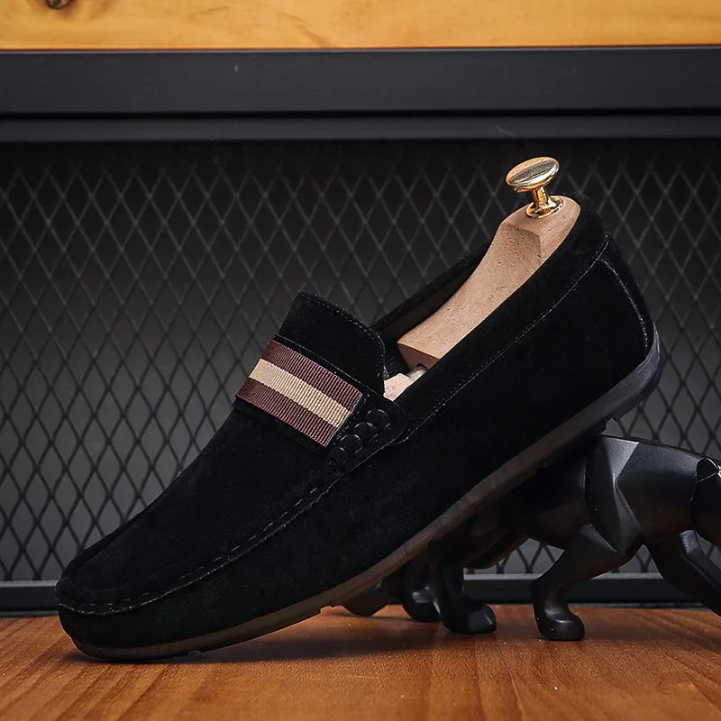 Men Striped Band Suede Loafers Lightweight Slip-On Driving Moccasins Casual Daily Walking Dress Shoes