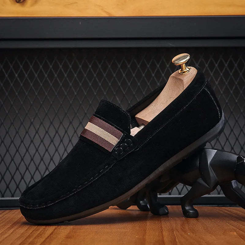 Men Striped Band Suede Loafers Lightweight Slip-On Driving Moccasins Casual Daily Walking Dress Shoes
