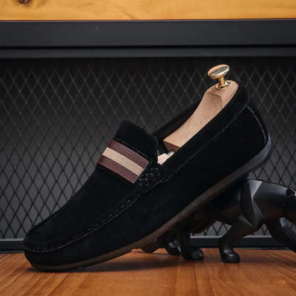 Men Striped Band Suede Loafers Lightweight Slip-On Driving Moccasins Casual Daily Walking Dress Shoes