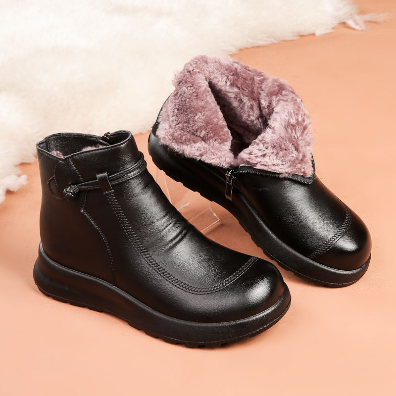 Luxe Fleece‑Lined Leather Ankle Boots, Comfort Platform Winter Booties for Women, Side Zip Warm Snow Ankle Boots