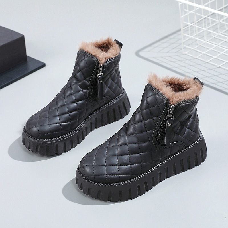 Women’s Quilted Platform Snow Boots, Side Zipper Faux Fur Lined Warm Winter Ankle Boots