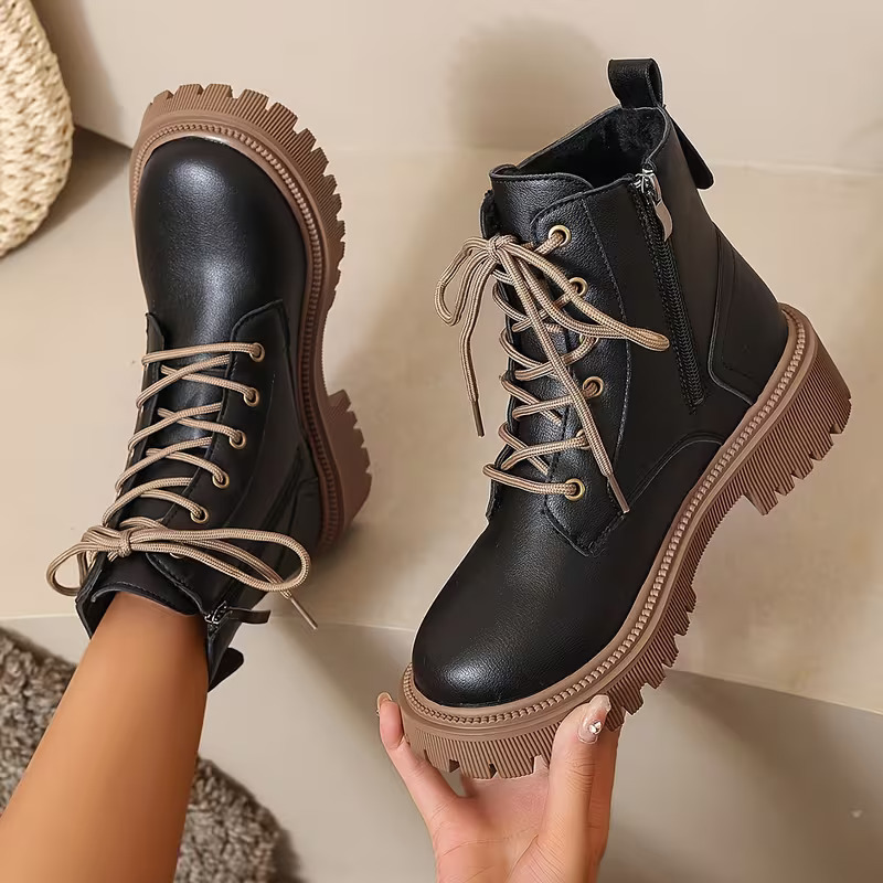 Women's Fleece Lined Platform Ankle Boots, Warm Lace-Up Winter Martin Boots with Side Zipper