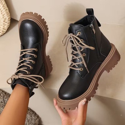 Women's Fleece Lined Platform Ankle Boots, Warm Lace-Up Winter Martin Boots with Side Zipper