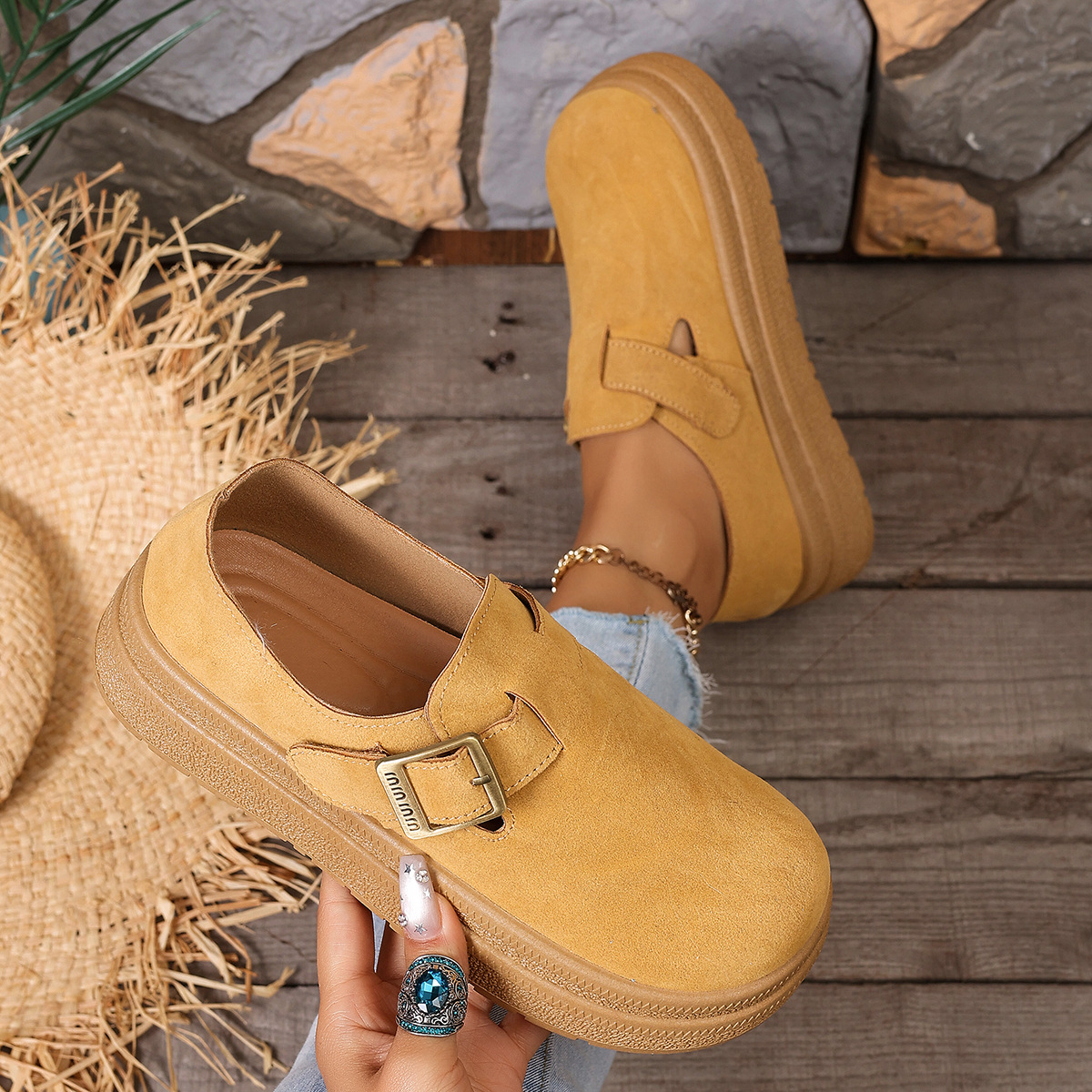 Women’s Thick Sole Suede Clogs, Vintage Adjustable Buckle Casual Daily Shoes