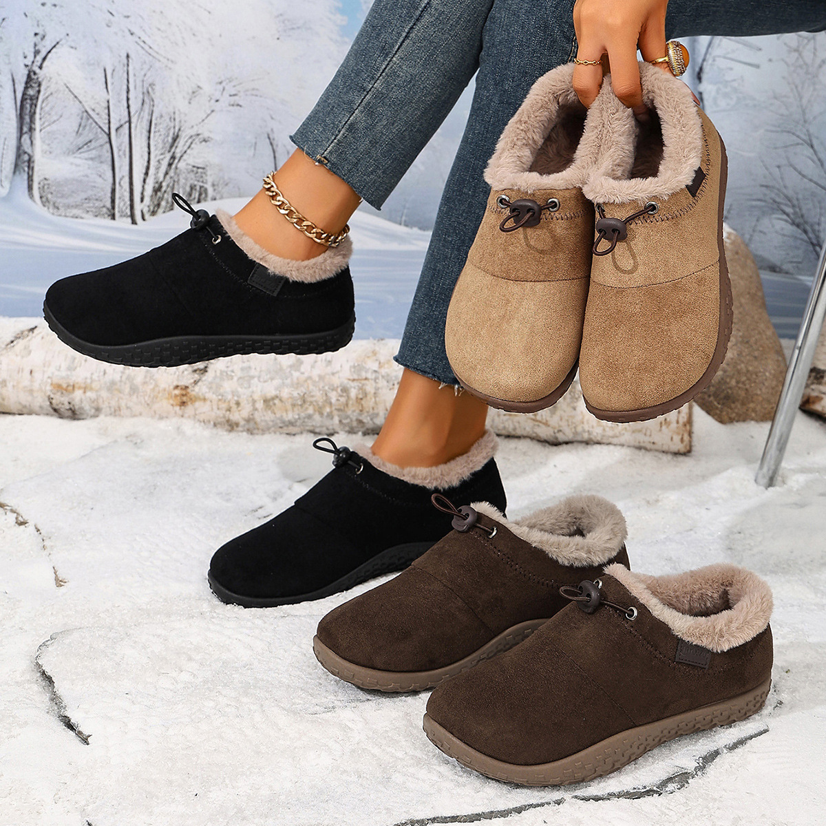Warm Plush Lined Women’s Winter Shoes, Non-Slip Sole Suede Low-Cut Snow Booties for Daily Outdoor