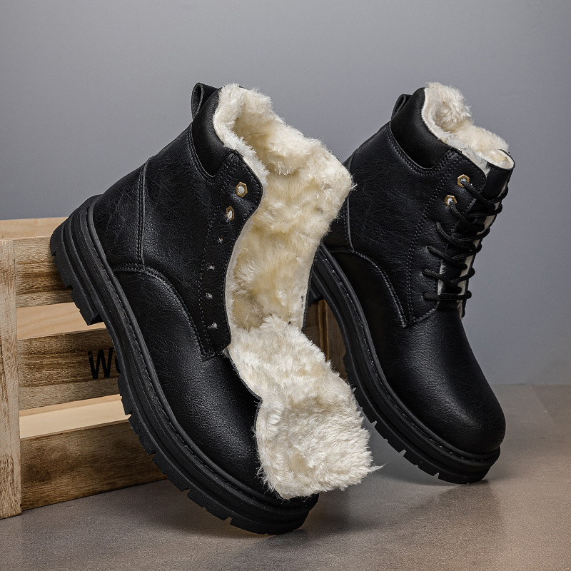 Premium Vintage Leather Men’s Winter Boots, Plush Fleece Inside Lace-up Combat Boots