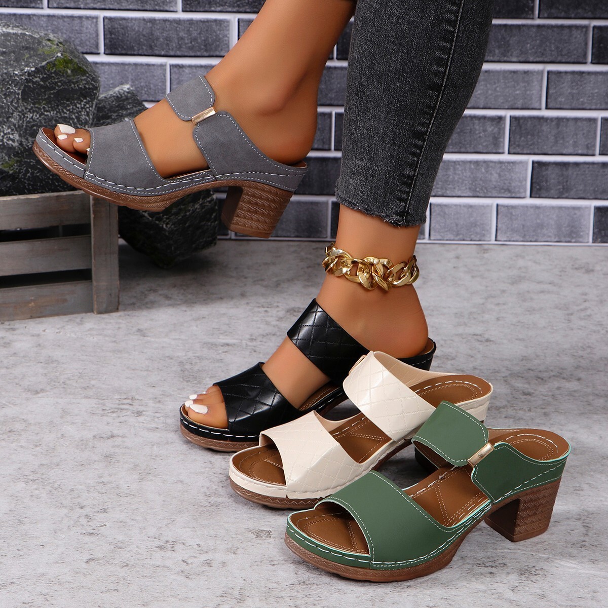 Women's  Leather Orthopedic Chunky Heel Sandals