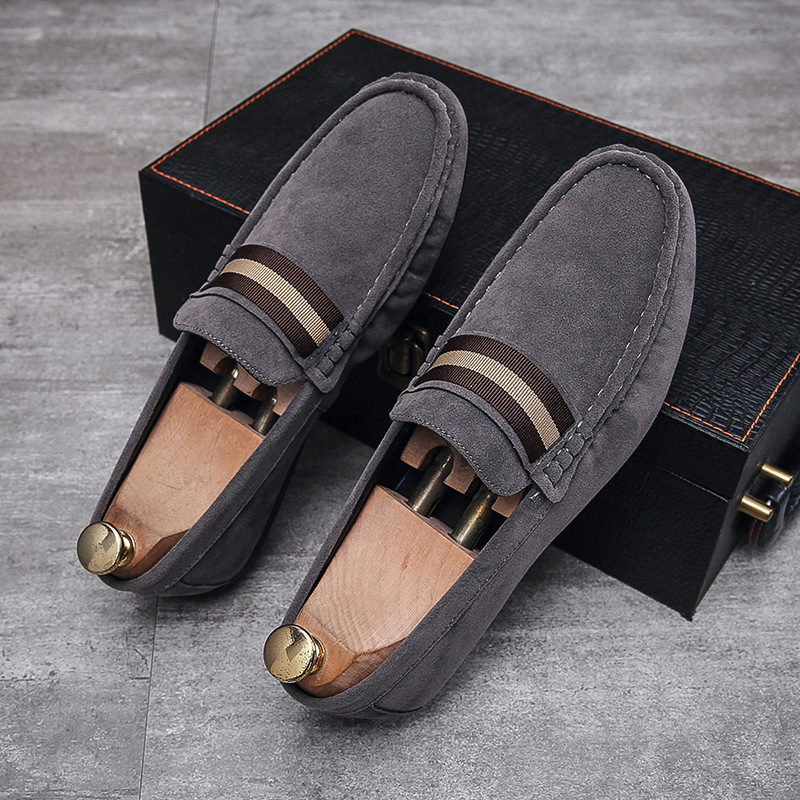 Men Striped Band Suede Loafers Lightweight Slip-On Driving Moccasins Casual Daily Walking Dress Shoes