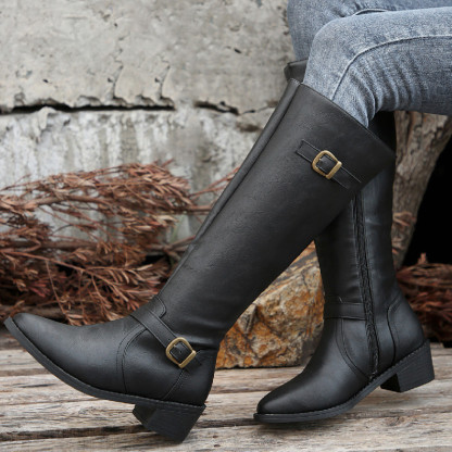 Women's Round Toe Buckle Side Zipper Mid-Calf Boots