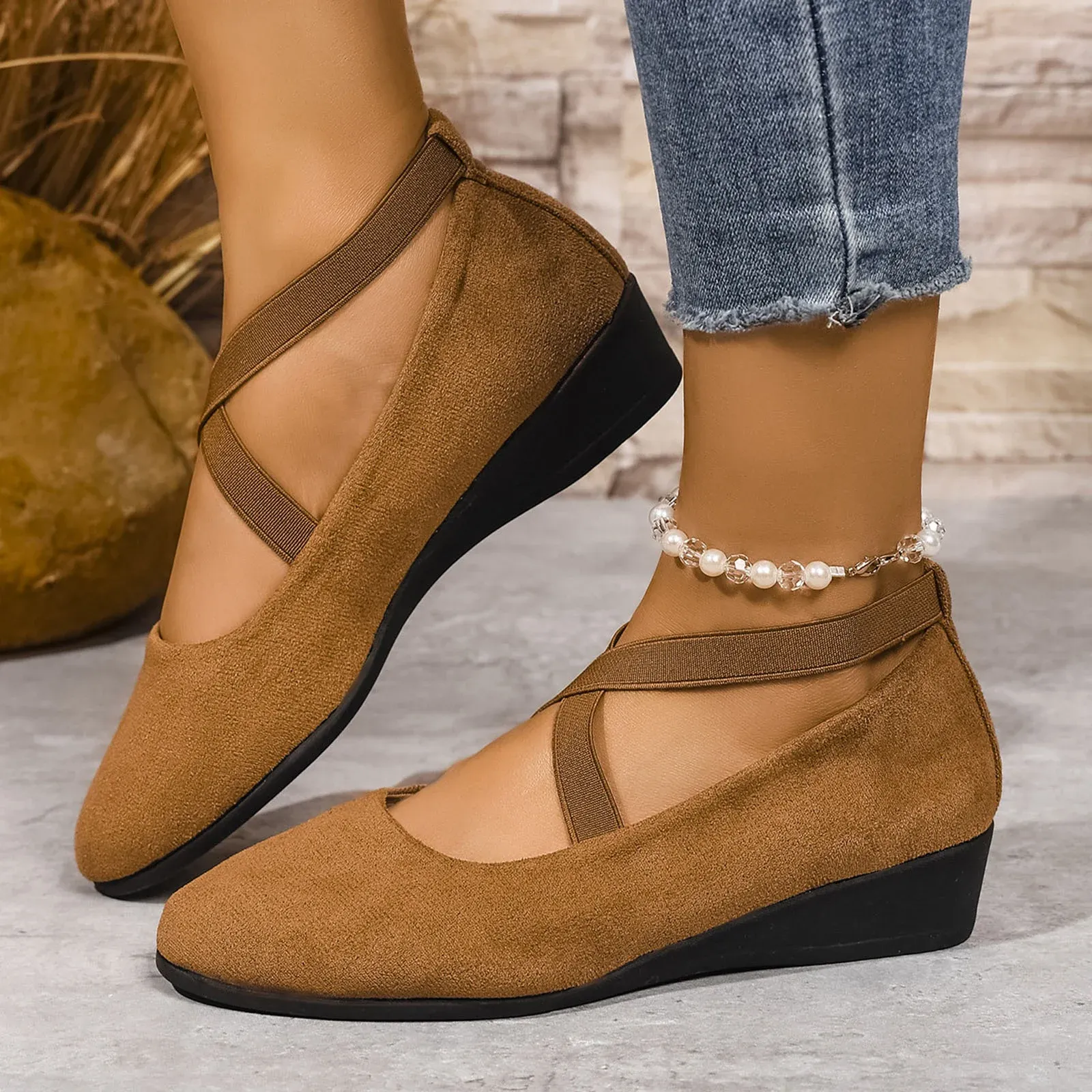 Women's Dress Flats Ballet Low Wedge Round Toe Ankle Strap Criss Cross Office Work Casual Shoes