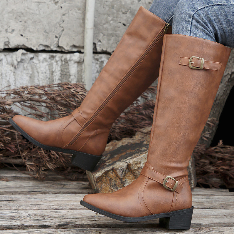 Women's Round Toe Buckle Side Zipper Mid-Calf Boots