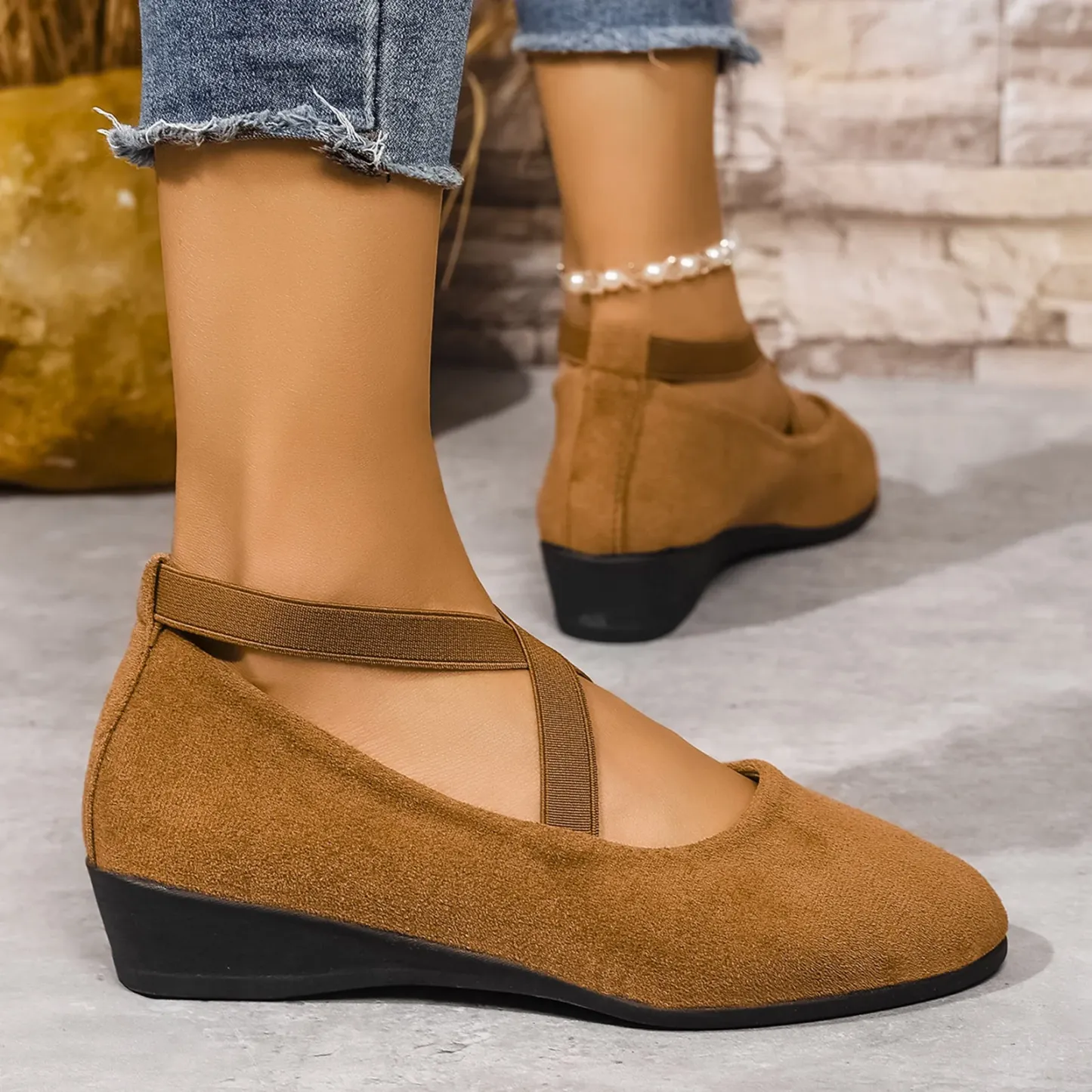 Women's Dress Flats Ballet Low Wedge Round Toe Ankle Strap Criss Cross Office Work Casual Shoes
