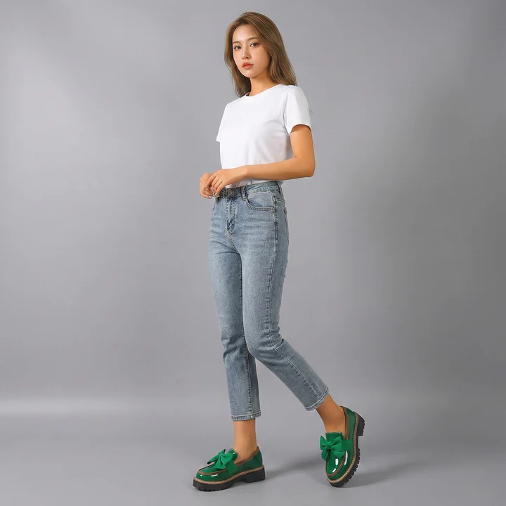Ribbon Bow Shiny Loafers Thick Platform Slip On Casual Preppy School Shoes for Women