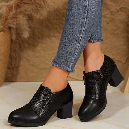 Elegant Women’s Chunky Block Heel Shootie Shoes, Retro Textured Faux Leather Button‑Accent Closed‑Toe Business Casual Footwear