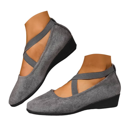 Women's Dress Flats Ballet Low Wedge Round Toe Ankle Strap Criss Cross Office Work Casual Shoes
