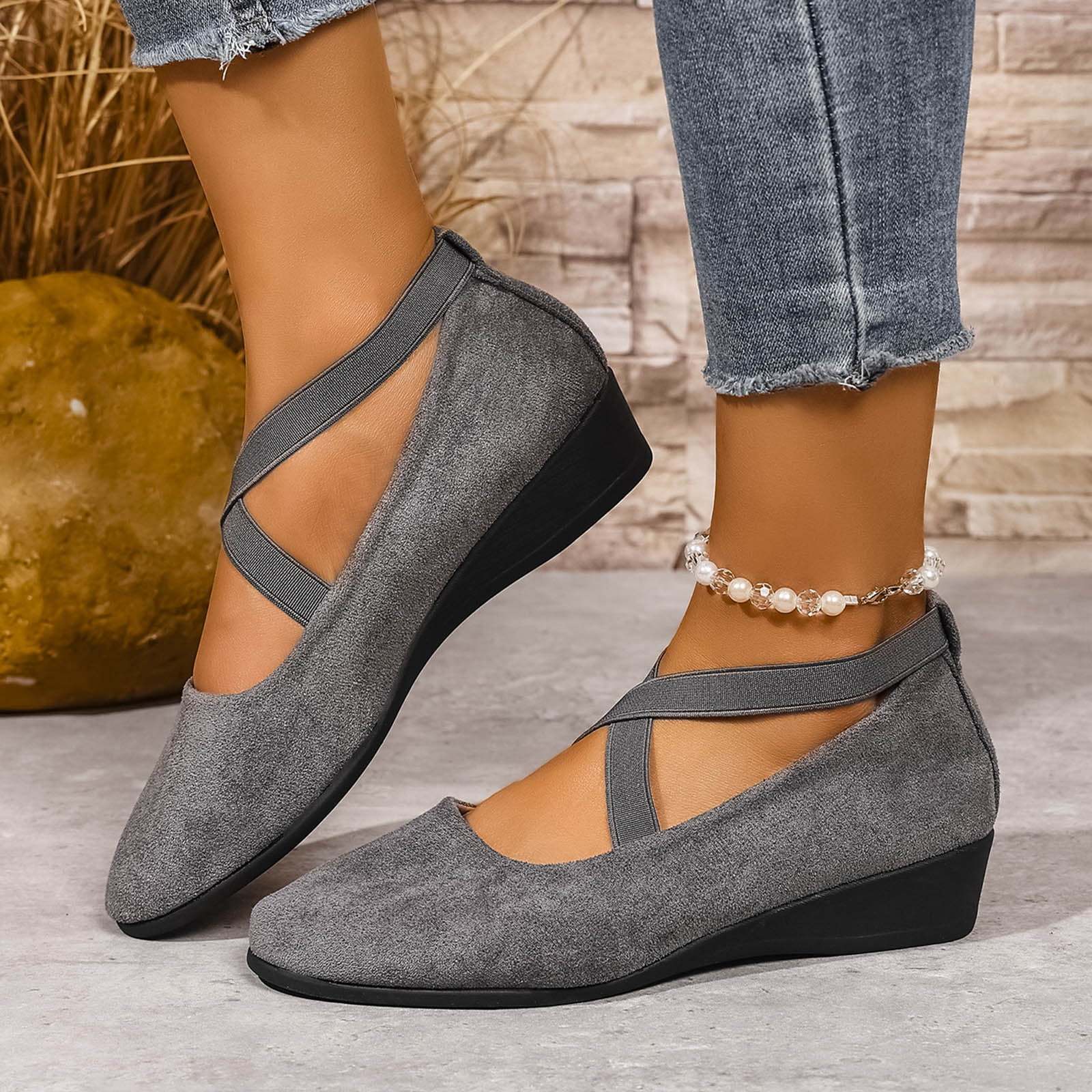 Women's Dress Flats Ballet Low Wedge Round Toe Ankle Strap Criss Cross Office Work Casual Shoes