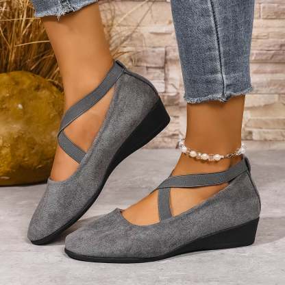Women's Dress Flats Ballet Low Wedge Round Toe Ankle Strap Criss Cross Office Work Casual Shoes