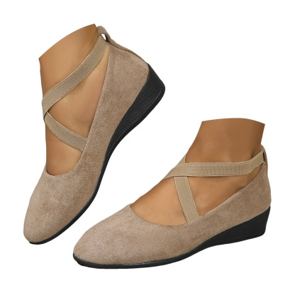 Women's Dress Flats Ballet Low Wedge Round Toe Ankle Strap Criss Cross Office Work Casual Shoes