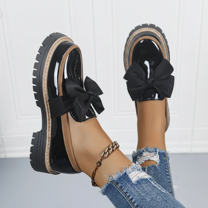 Ribbon Bow Shiny Loafers Thick Platform Slip On Casual Preppy School Shoes for Women