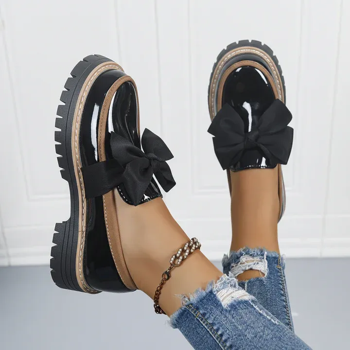Ribbon Bow Shiny Loafers Thick Platform Slip On Casual Preppy School Shoes for Women